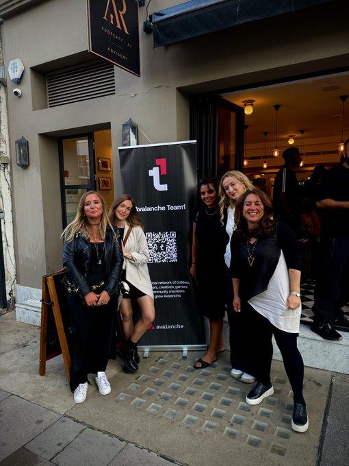 Five women posing together outside a building with 'Avalanche Team1' branding and a QR code banner, with an 'AR Troventi - Au' sign visible above the entrance.