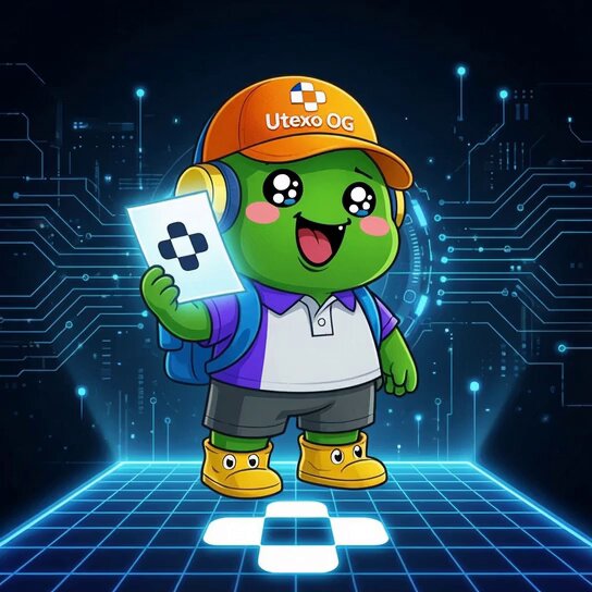The main focus of this image is a cartoon character wearing an orange hat, sitting down with a white piece of paper under his feet that contains a cross symbol. The background features a blue computer screen filled with numerous technical elements and lines. There's also an inscription in the image which reads "utexo OG price gets all the attention but one thing i've learned in crypto is that who'S building with you usually matters more. recently, utexo has been stacking some serious signals: • tether co-led its $7.5m raise         solv integrated its infrastructure                   federico tenga joined the".