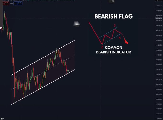 This image features a stock chart with BTC's daily trading data displayed, which shows a bearish flag pattern. The title "Bearish Flag" suggests that this is an indicator related to bearish market conditions. The chart indicates that the price has just fallen below the lowest point of the flag and that it's important for traders to be aware of these patterns when making investment decisions. The phrase "Common Bearish Indicator" emphasizes how this pattern helps identify periods of potential downturn in the stock market.