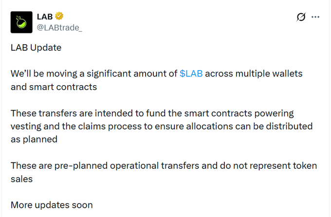 A tweet from @LABtrade_ (LAB) titled 'LAB Update' explaining they will be moving a significant amount of $LAB across multiple wallets and smart contracts to fund vesting and claims processes, noting these are pre-planned operational transfers, not token sales.