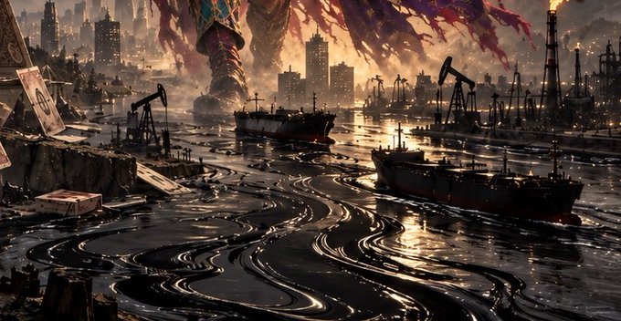 A dystopian digital artwork depicting an industrial harbor with oil derricks, cargo ships, and a massive tentacled creature looming over a polluted cityscape.