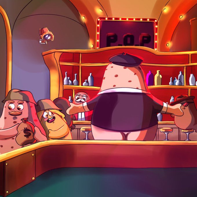 The image depicts a cartoon bar scene with anthropomorphic potato characters, including a large potato wearing a beret and back facing the viewer, standing at a bar counter with a "P.O.P" sign illuminated in the background.

This illustration aligns with the post's promotion of a "Proof of Potato" meme project, where the "P.O.P" sign (which could stand for Proof of Potato) ties directly into the community's branding and ethos of celebrating potato-themed crypto culture, with the characters embodying the playful, quirky vibe of the project.