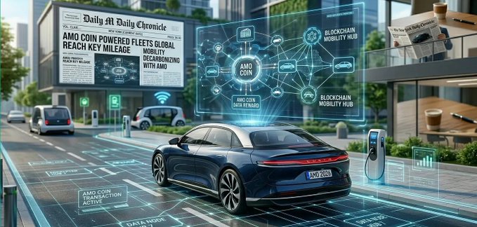 The image shows a city street with two cars driving down it. One car has a blue tail light, while the other has a black one. The background of the image features an advertisement for Amoblock, which is a company that provides electric vehicle charging services. There are also several other elements in the scene, such as trees and buildings, but they do not seem to have any direct connection to the main subject matter or the post about the news summary.