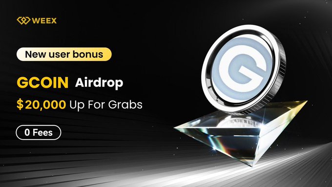 The image features a diamond-shaped coin with the letter "G" on top, placed on an upward angle of the screen against a black background, which represents airdrop coins. Below the coin, there's text stating that new users will receive GCOIN Airdrop rewards, and they can complete their first task to receive 5 ether. Additionally, there is information about the cost of these rewards, which are 20,000 units, and how it is calculated based on a deposit of at least 100 units. The image also includes a social media share button placed in the top left corner, likely encouraging users to share this post with their followers or friends who might be interested in airdrop coins as well.