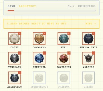 The image shows a list of badges, including a badge for an architect, a badge for an interceptor, and several other badges such as a sentinel, a warrior, and a phantom. The badges are arranged in a grid format with each row containing one type of badge and each column representing a different category or description. The image also includes text that provides information about the badges, such as their names and descriptions.
