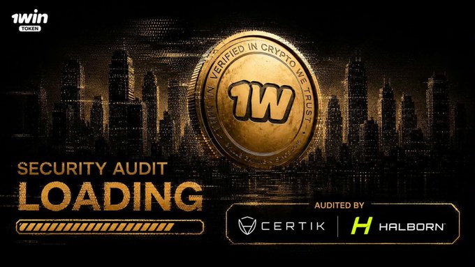 Promotional graphic for '1WIN TOKEN' featuring a gold crypto coin with text 'VERIFIED IN CRYPPO WE TRUST' and 'SECURITY AUDIT LOADING', audited by Certik and Halborn.