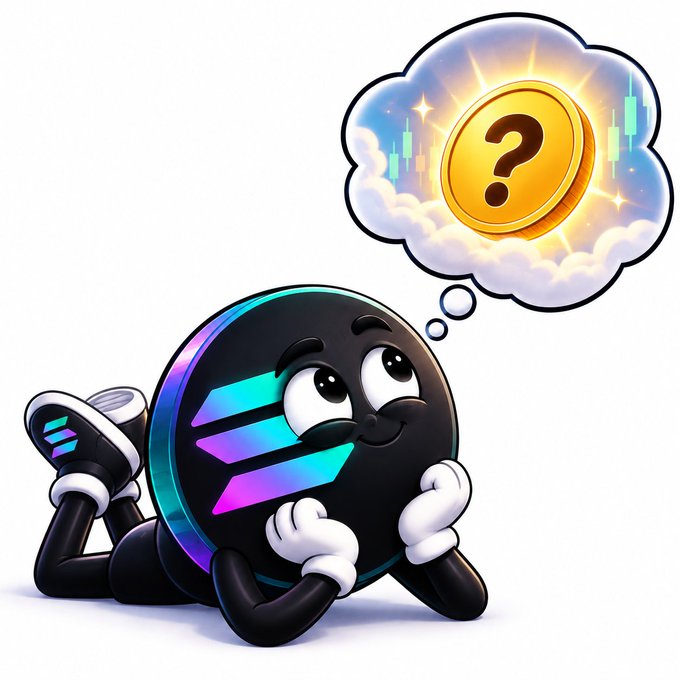A cartoon Solana (SOL) coin character lies thoughtfully with a thought bubble containing a golden question mark and rising price candles, symbolizing speculation about which early Solana project one wishes they had invested in sooner.