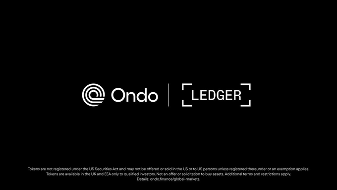 The image features a black background with white text that reads "LATEST: @OndoFinance has integrated native swaps for 260+ tokenized stocks and ETFs directly into @Ledger wallets. The feature is powered by 1inch's gasless intent-based execution." This post highlights the integration of native swaps in @Ledger wallets, which allows users to tokenize stocks and ETFs directly onto their wallet. The image also includes a link that reads "LATEST: @OndoFinance has integrated native swaps for 260+ tokenized stocks and ETFs directly into @Ledger wallets." This suggests that the post is promoting the integration of native swaps in Ledger wallets, which can be used to tokenize various assets.