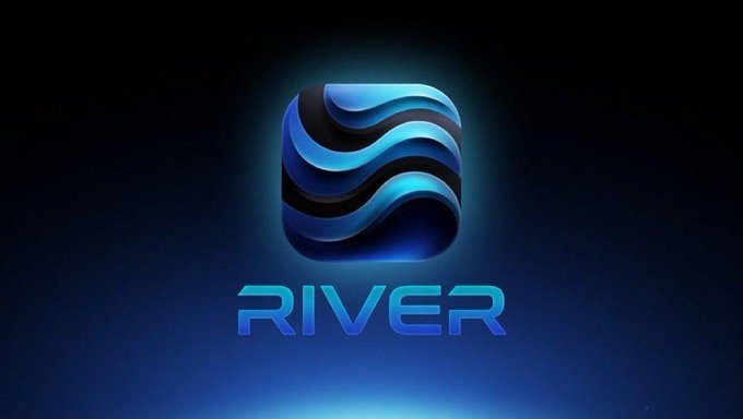 urn of blue and black waves, with the word "RIVER" written in white letters against a dark gray background.
