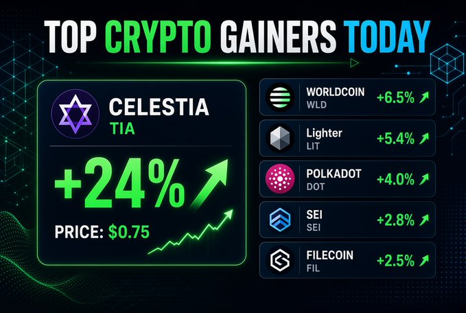 A 'TOP CRYPTO GAINERS TODAY' chart highlighting Celestia (TIA) up +24% at a price of $0.75, along with Worldcoin +6.5%, Lighter +5.4%, Polkadot +4.0%, Sei +2.8%, and Filecoin +2.5%.