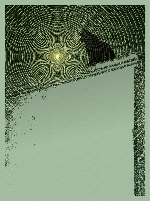 A textured, dark green abstract print featuring concentric circular lines radiating from a central point, resembling a spider web or a sun.