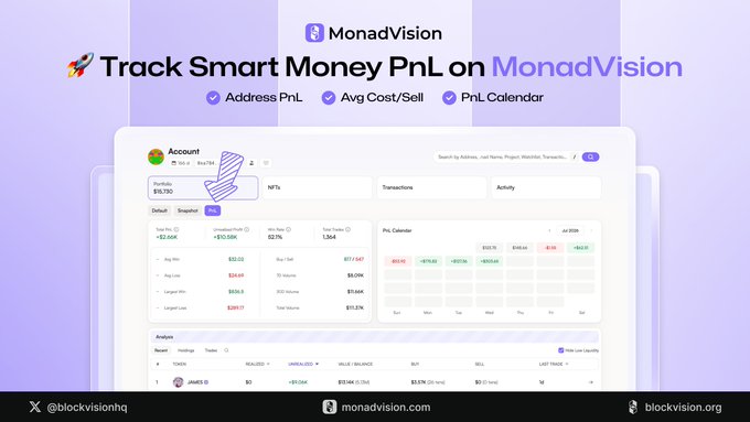 A promotional graphic for 'MonadVision' by blockvisionhq/blockvision.org with the tagline 'Track Smart Money PnL on MonadVision' showing account analytics, NFT stats, transactions, and a PnL calendar interface.