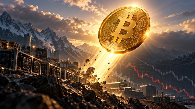 A dramatic digital artwork featuring a large golden Bitcoin coin floating above an industrial landscape with mountains in the background, accompanied by a red downward-trending stock chart suggesting a market decline.