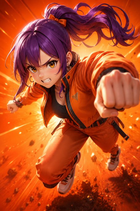 An anime-style illustration of a fierce girl with purple hair in a ponytail wearing an orange jumpsuit, throwing a punch toward the camera against a dynamic orange explosion background.
