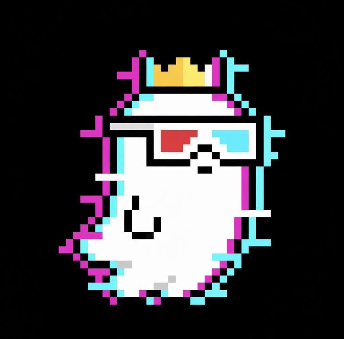 A pixel art glitch-style illustration of a white character wearing 3D glasses and a yellow crown, rendered with cyan and magenta chromatic aberration against a black background.