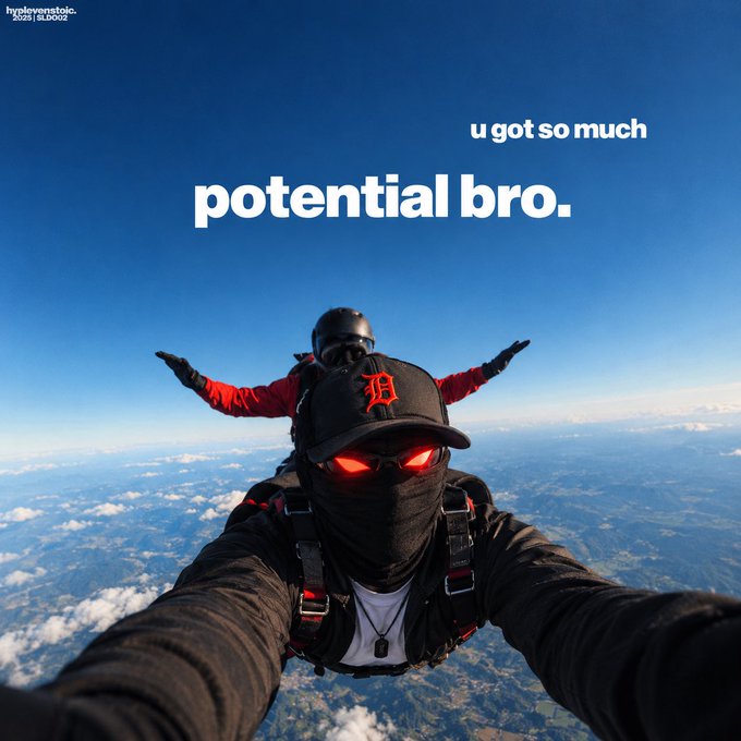 A meme featuring two skydivers in tandem, with the front skydiver wearing a Detroit Tigers 'D' cap and glowing red sunglasses, overlaid with the text 'u got so much potential bro.'