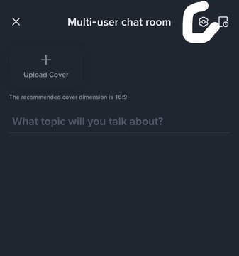 A dark-themed app interface screen titled 'Multi-user chat room' with options to 'Upload Cover' and a text field asking 'What topic will you talk about?'.