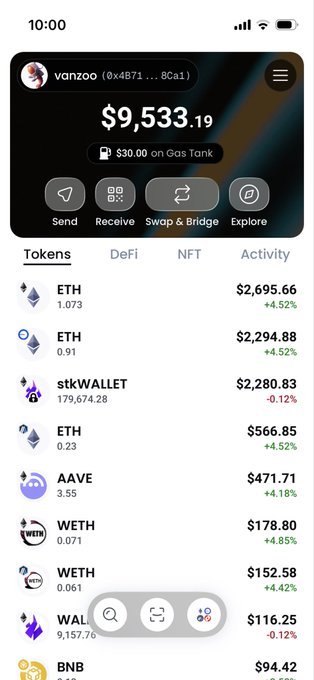 A mobile screenshot of an Ambire Wallet dashboard showing a portfolio balance of $9,533.19 with $30.00 on the Gas Tank, displaying a list of tokens including ETH ($2,695.66), AAVE ($471.71), WETH ($178.80), and BNB ($94.42) across their respective balances. The image serves as a visual comparison to the Rabby.io wallet dashboard in the accompanying post.
