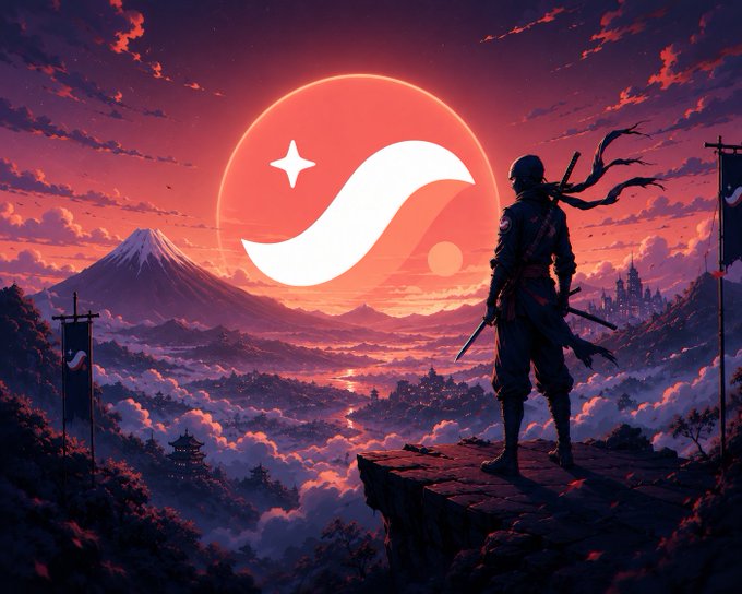 The image features a man dressed as a ninja standing atop a cliff, overlooking a valley below with mountains in the background. The scene appears to be set against a dark sky or night, which adds an air of mystery and intrigue to the overall composition. The post that accompanies this image reads "Full shinobi mode on Starknet soon." This suggests that the image is part of a series or collection related to the ninja theme, possibly for a video game or streaming platform.

The man in the image seems to be posing confidently with his sword raised high above him, ready for action. The combination of the dark sky and the silhouette of the man against it creates an interesting visual effect that adds depth and dimension to the scene. Overall, this image captures the essence of a ninja warrior standing atop a cliff, overlooking a valley below, with mountains in the background.