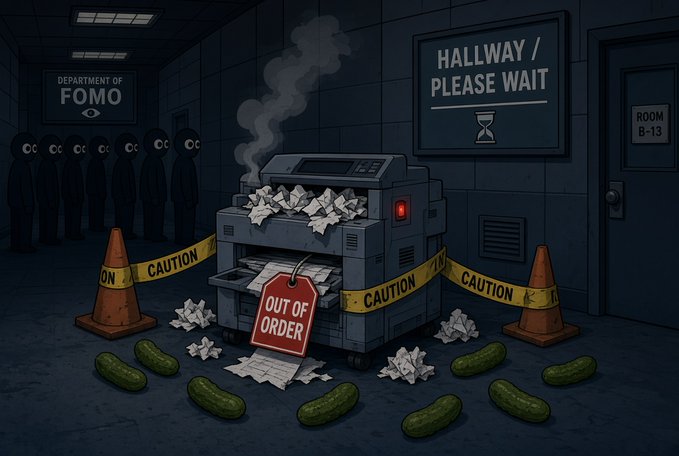 An illustrated scene in a dark hallway labeled 'HALLWAY / PLEASE WAIT' features a broken copy machine with an 'OUT OF ORDER' sign, surrounded by caution tape, scattered papers, cucumbers, and shadowy figures labeled 'DEPARTMENT OF FOMO'.