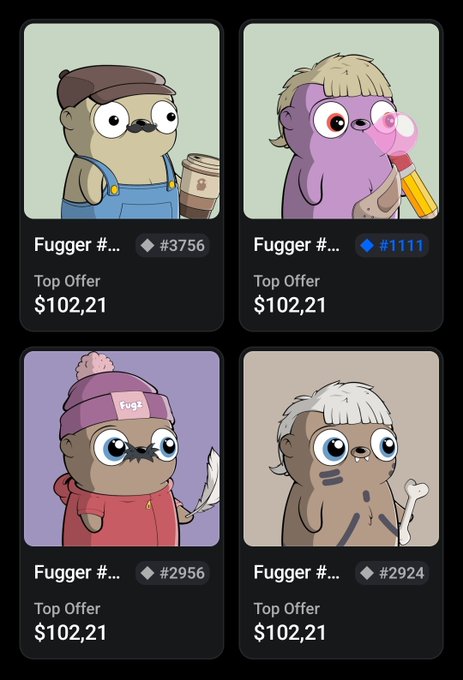 A screenshot showing four cartoon 'Fugger' NFT characters for sale, each listed with a 'Top Offer' of $102.21 and numbered #3756, #1111, #2956, and #2924.