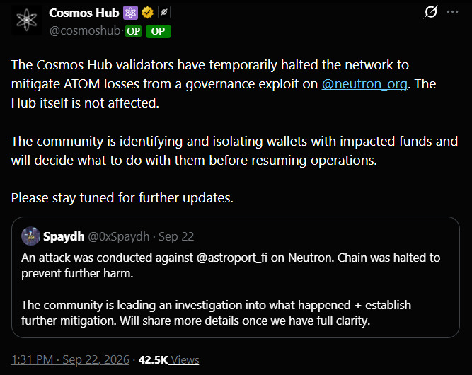 A Cosmos Hub announcement from September 22, 2026, states that validators halted the network to mitigate ATOM losses from a governance exploit on @neutron_org, while quoting @0xSpaydh's confirmation that the attack targeted @astroport_fi on Neutron. The pause of the network reflects the quick response mentioned in the post, preventing further liquidity theft despite the stolen cosmos:native tokens.