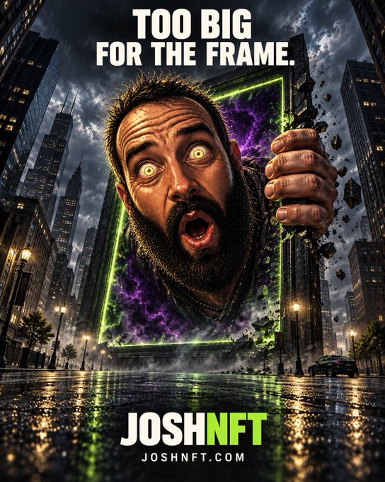 Promotional graphic featuring a man's head bursting through a portal with text 'TOO BIG FOR THE FRAME' and 'JOSH NFT - JOSH NFT.COM'.