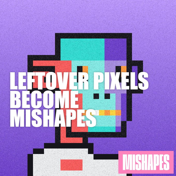 A graphic with the text 'LEFTOVER PIXELS BECOME MISHAPES' overlaid on pixel art characters with a 'MISHAPES' label.