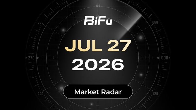 A dark graphic with a radar/compass background displays "BiFu", "JUL 27", "2026", and a "Market Radar" button, suggesting an upcoming podcast or market analysis episode.