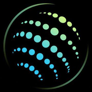 Glowing sphere composed of blue and green illuminated dots on a black background, resembling a digital or technological globe.