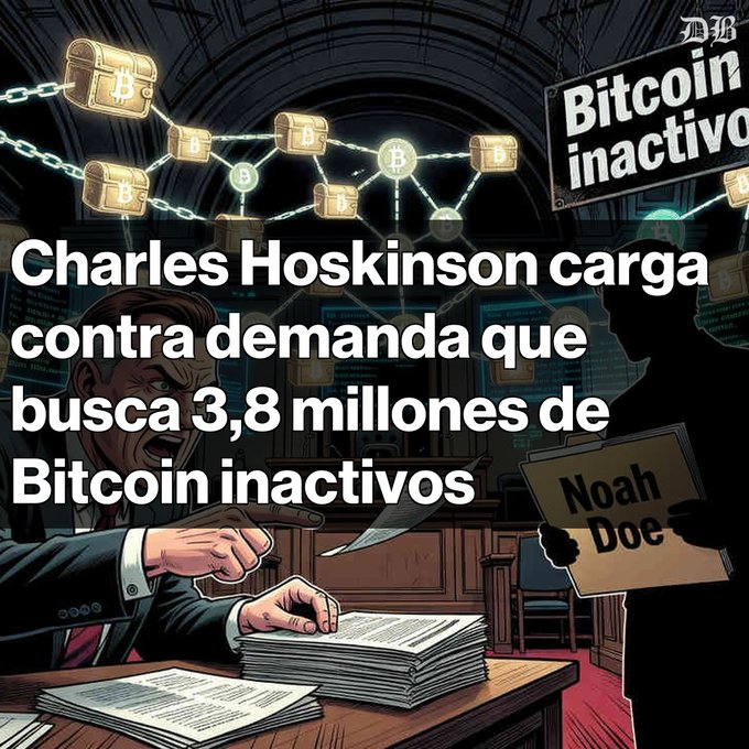 The image features Charles Hoskinson, a prominent figure in the world of Bitcoin, sitting at a desk with stacks of papers in front of him. The text in the image reads "Charles Hoskinson carga contra demanda que busca 3,8 millones de BTC en billeteras inactivas". This phrase is related to the post about Bitcoin and its impact on society. The image also includes a man holding a sign that says "Noah Doe" and another person sitting at a desk with stacks of papers.