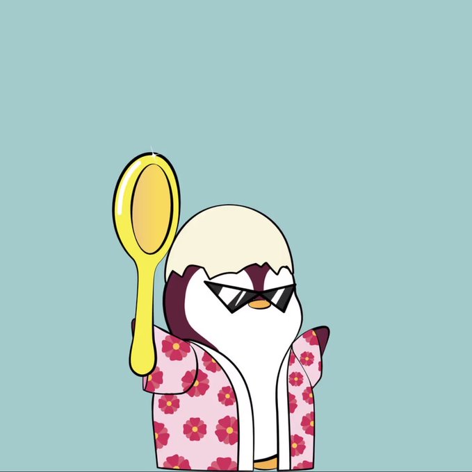 Cartoon illustration of a penguin character wearing sunglasses and a pink floral Hawaiian shirt, holding up a yellow hand mirror.