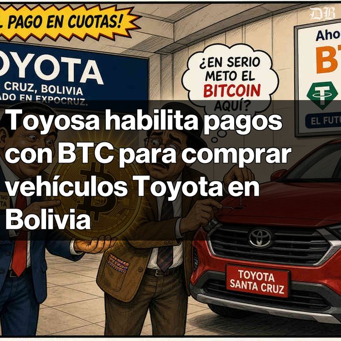 An illustration of men at a Toyota dealership in Santa Cruz, Bolivia, with Spanish text announcing 'Toyosa habilita pagos con BTC para comprar vehículos Toyota en Bolivia' alongside Bitcoin imagery.