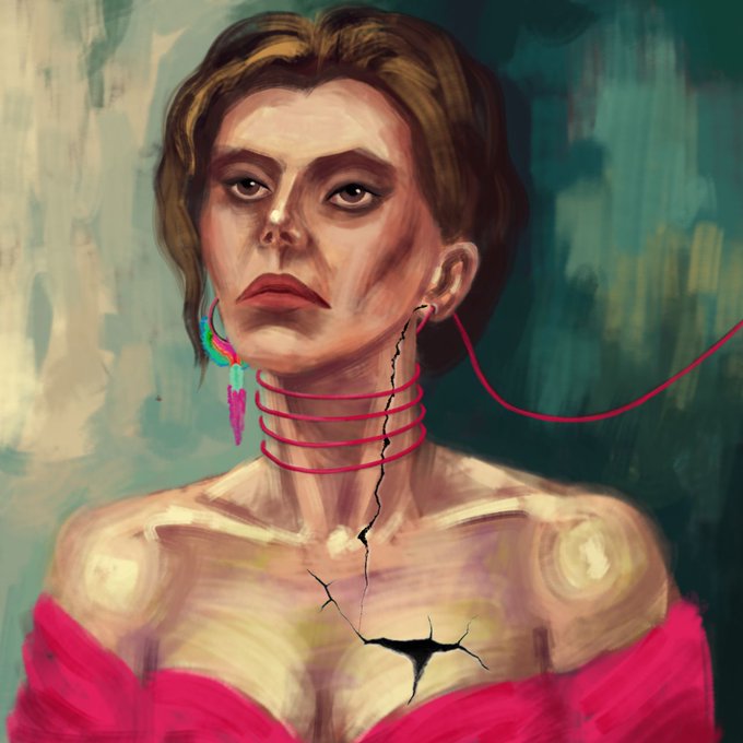 A painted portrait of a woman in a red dress with red wire wrapped around her neck, a large colorful earring, and cracks in her skin and the background.