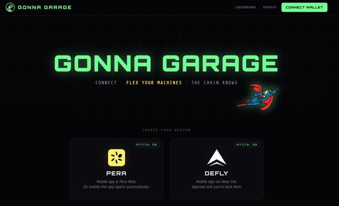 A website landing page for 'Gonna Garage' with the tagline 'CONNECT · FLEX YOUR MACHINES · THE CHAIN KNOWS', featuring options for PERA and DEFLY.