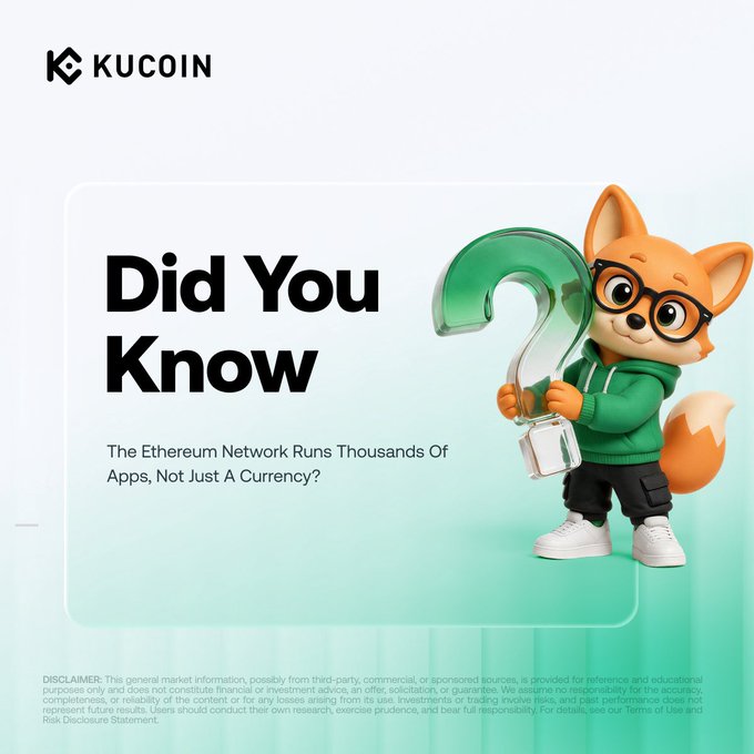 KuCoin's branded graphic with the headline "Did You Know The Ethereum Network Runs Thousands Of Apps, Not Just A Currency?" features a fox mascot holding a large green question mark, visually reinforcing the post's message about Ethereum's broader ecosystem beyond just cryptocurrency.