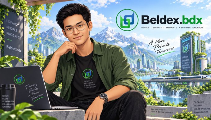 A promotional graphic for 'Beldex.bdx' cryptocurrency showing a young man with glasses sitting in a futuristic green cityscape with the Beldex logo, and slogans including 'PRIVACY | SECURITY | FREEDOM | A BRIGHTER TOMORROW' and 'A More Private Tomorrow.'