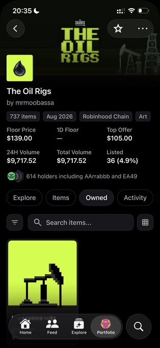 The image shows a Robinhood NFT collection page for "The Oil Rigs" by mrmoobassa, featuring 737 items with a floor price of $139.00 and top offer of $105.00 on the Robinhood Chain. The pixel art oil rig imagery connects to the "MAXBIDDIN" caption, likely referencing aggressive bidding in an oil-themed NFT marketplace.
