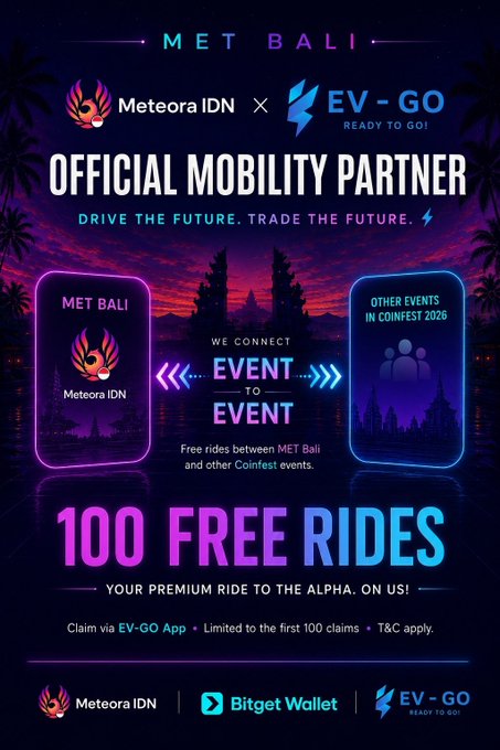 A promotional poster for 'MET BALI' announcing 'OFFICIAL MOBILITY PARTNER' with Meteora IDN and EV-GO, offering '100 FREE RIDES' between events with text 'DRIVE THE FUTURE. TRADE THE FUTURE.'