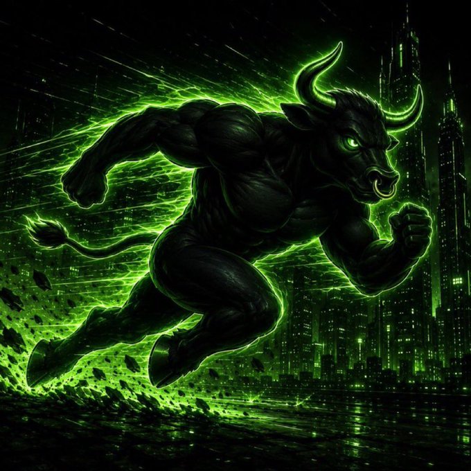 A muscular bull charges forward through a neon green-illuminated futuristic cityscape, its horns glowing brightly against the dark skyline. The image visually reinforces the post's "bullish memecoin" theme, with the powerful charging bull symbolizing unstoppable upward momentum for the upcoming Solana token launch.