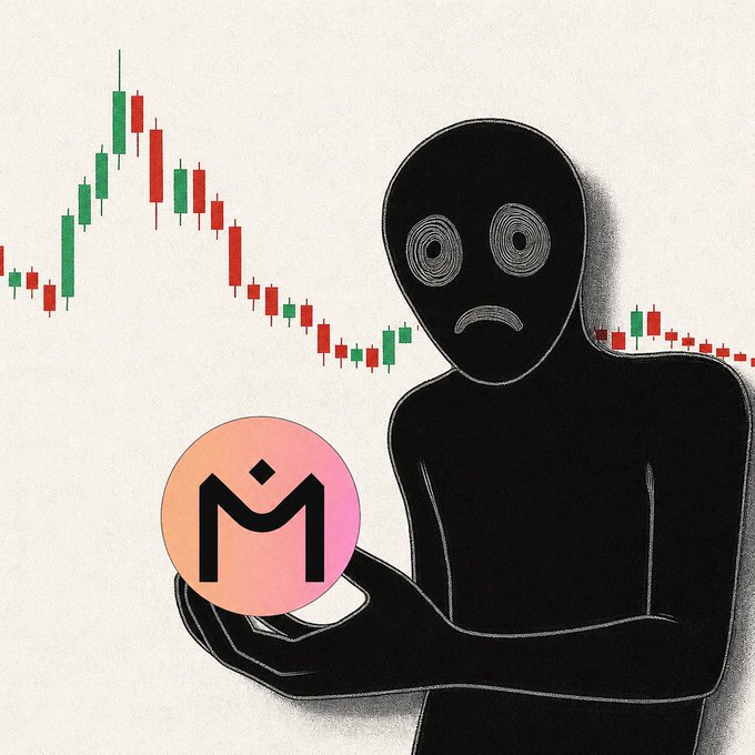 A distressed black figure with spiral eyes holds the pink/orange "M" $MANTRA logo against a backdrop of a steeply declining candlestick chart, visually echoing the post's account of the token's 90%+ yearly crash and fresh all-time low.