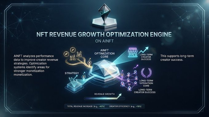 A dark blue infographic titled 'NFT REVENUE GROWTH OPTIMIZATION ENGINE ON AINFT' featuring diamond icons, a central optimization core, and metrics showing 'TOTAL REVENUE INCREASE: [e_2, +42%]' and 'CREATOR EFFICIENCY: [e_2, +18%]'.