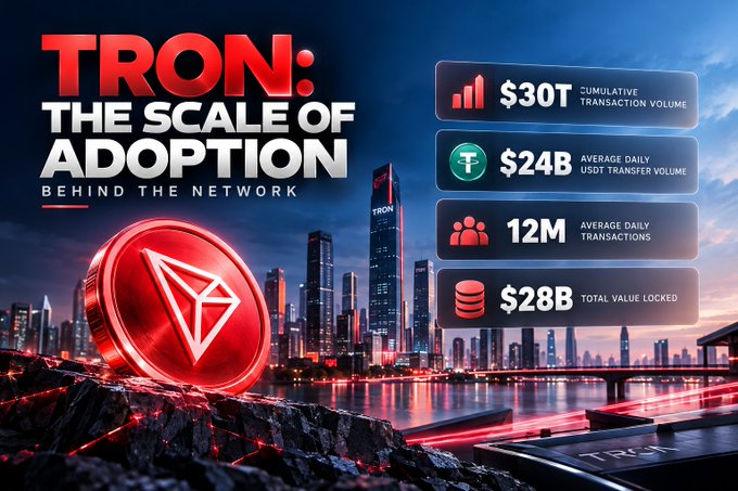 An infographic titled 'TRON: THE SCALE OF ADOPTION' highlighting key statistics: $30T Cumulative Transaction Volume, $24B Average Daily USDT Transfer Volume, 12M Average Daily Transactions, and $28B Total Value Locked.