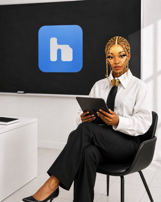 A woman in a white shirt, black tie, and elaborate gold braided hair sits on a black chair holding a tablet, posed beside a screen displaying a blue 'h' logo.