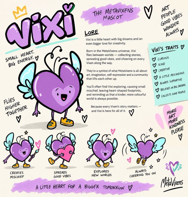 A character design sheet for "VIXI", the MetaVixens mascot, featuring a purple heart character with butterfly wings and descriptions of its lore and traits including "Curious", "Kind", and "Creative".