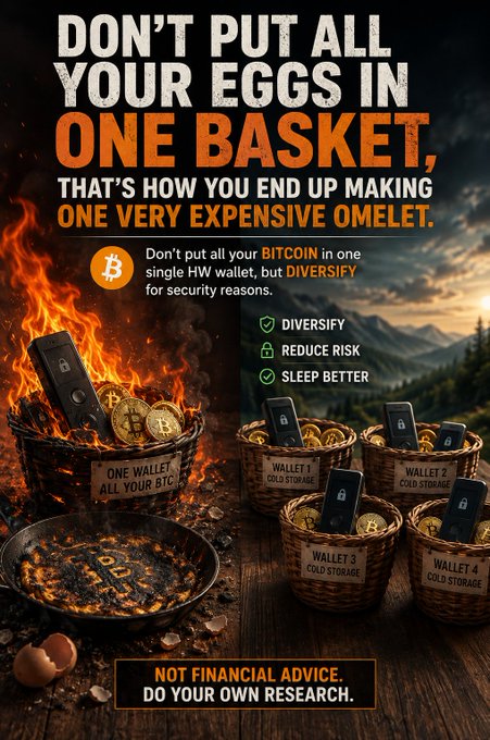 An advertisement graphic titled 'DON'T PUT ALL YOUR EGGS IN ONE BASKET' warns against storing Bitcoin in a single hardware wallet, showing a burning basket labeled 'ONE WALLET ALL YOUR BTC' alongside four baskets representing separate cold storage wallets, with the disclaimer 'NOT FINANCIAL ADVICE. DO YOUR OWN RESEARCH.'