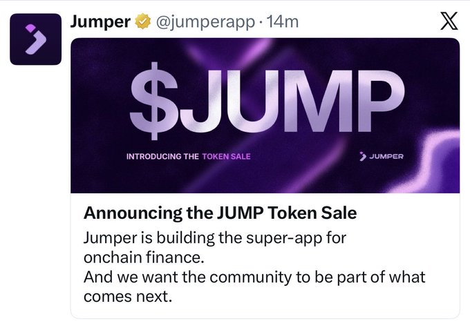 A tweet from Jumper (@jumperapp) announcing the $JUMP Token Sale, describing Jumper as building the super-app for onchain finance.