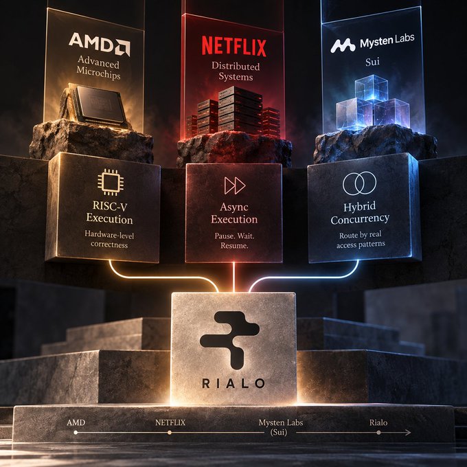 A promotional graphic for 'Rialo' showcasing its technological foundations with pillars representing AMD (RISC-V Execution), Netflix (Async Execution), and Mysten Labs Sui (Hybrid Concurrency).