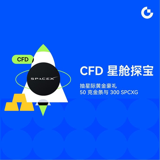 A blue promotional graphic features a SpaceX capsule and rocket with text reading 'CFD 星艙探宝' and '抽星際黃金豪禮 50 克金條與 300 SPCXG'.