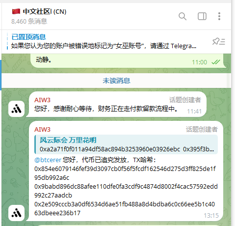 A screenshot of a Chinese-language Telegram chat shows a pinned message and two messages from a user named "AIW3" containing long strings of hexadecimal characters.